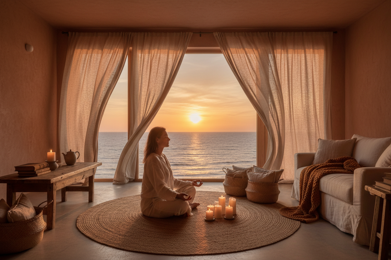 A warm, intimate coastal interior at sunset, filled with golden and amber light.
A woman meditates peacefully in a softly lit room by the sea.
The atmosphere feels lived-in, comforting, and deeply warm.
The room features natural textures: raw wood, terracotta, linen, woven fabrics, soft cushions.
Several candles glow around her, their light reflecting gently on the walls.
Outside, the ocean is visible through large windows, bathed in sunset light.
Curtains move slowly with a sea breeze, adding softness and 